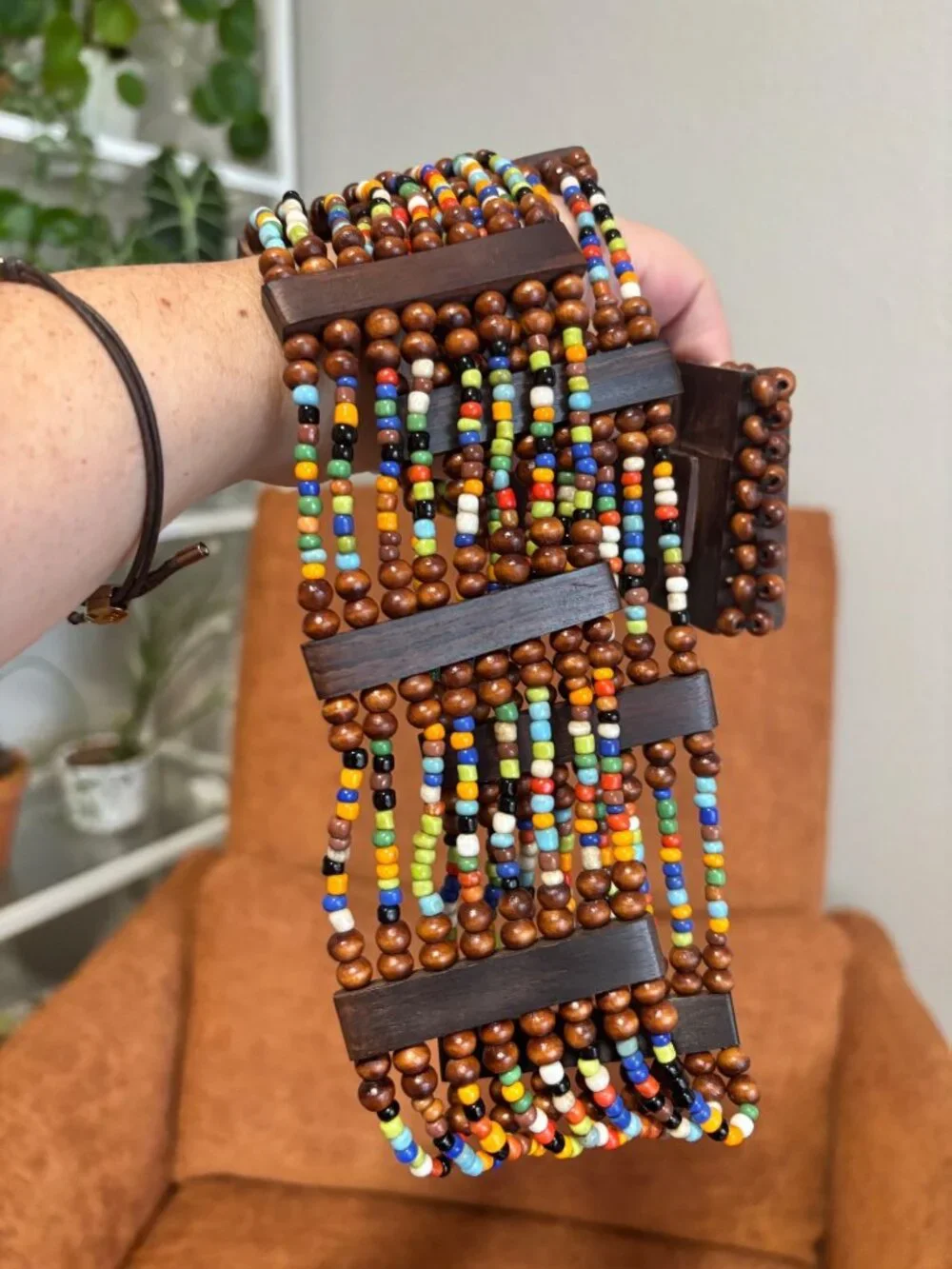 Wooden Beaded Stretch Buckle Belt Multicolor Accents Waist Accessory Women
